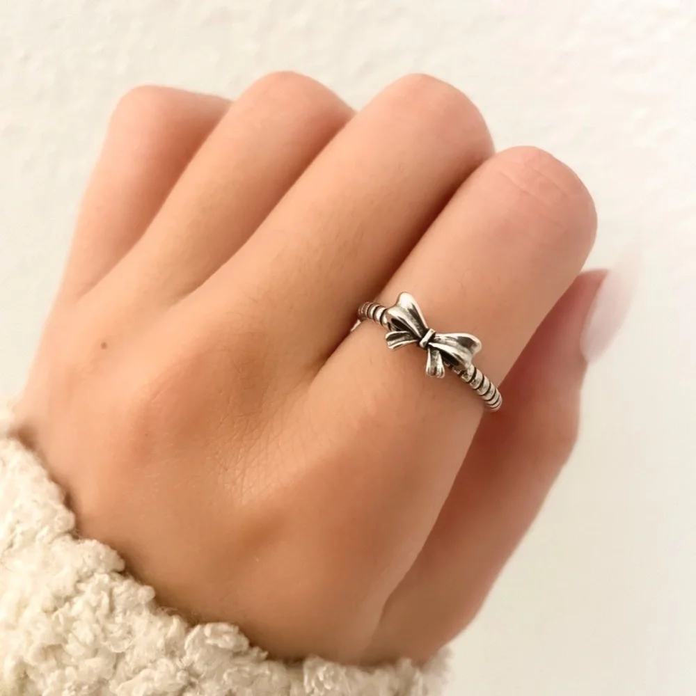 925 Sterling Silver Minimalist Tiny Bow Ring Dainty Ring Modern Boho Ring